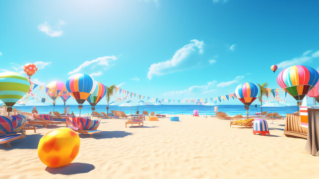 beach party with balloon decoration and blue sky background ai generative