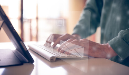 Naklejka premium email and document concept, businessman typing on keyboard reviewing reading sending email to clients, business promotion, online document