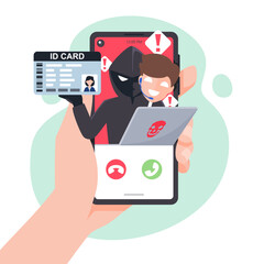 Thief hacker phishing id card data on smartphones. Hacker fraud scam and steal private data on devices. Vector illustration flat design for cyber security awareness concept.