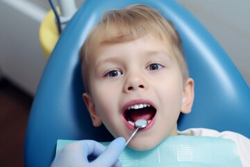 Small blond boy visiting a dentist. Dentist checking boy's teeth. Child at the dentist's office created with Generative AI technology