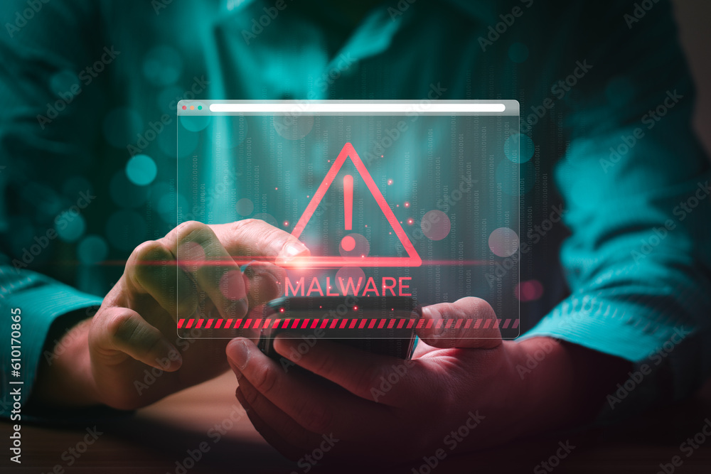 Aufkleber malware concept with person using smartphone and computer, hack password and personal data. cybercri