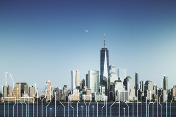 Abstract virtual micro chip hologram on New York cityscape background, artificial intelligence and machine learning concept. Multi exposure