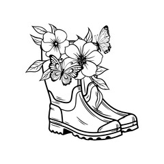 A bouquet of flowers stands in rubber boots with butterflies. Black and white illustration