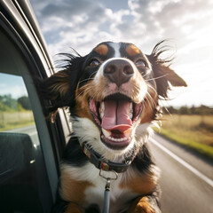 happy dog with head out of the car window having fun