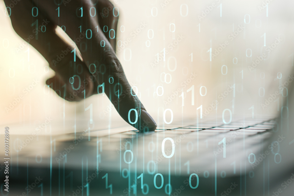 Fototapete creative abstract binary code hologram and hands typing on computer keyboard on background, ai and m