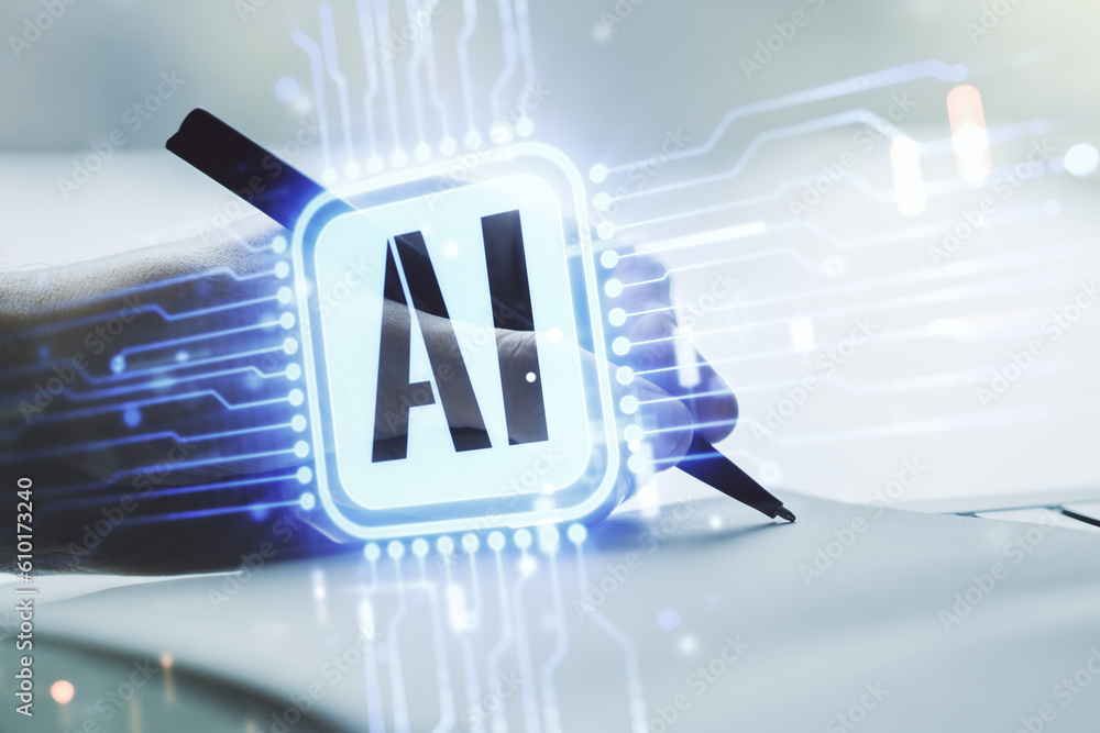 Poster double exposure of creative artificial intelligence icon with man hand writing in notebook on backgr