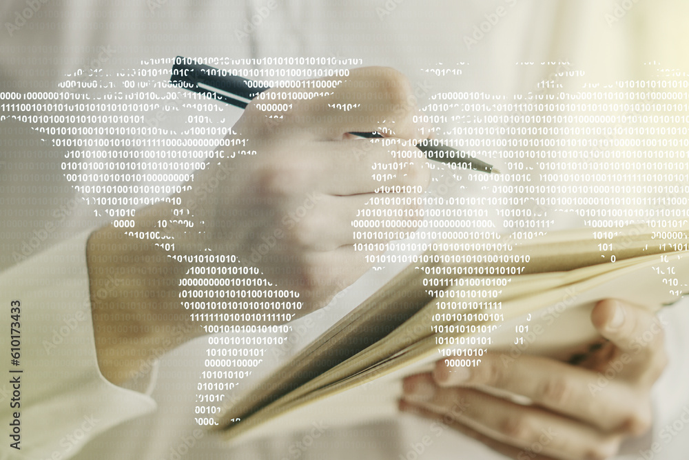 Poster multi exposure of abstract creative digital world map and man hand writing in notebook on background
