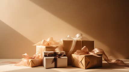 gift boxes tied with ribbons on a Beautiful background, copy space