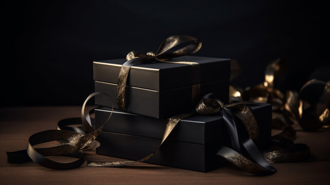 Black gift box with gold ribbon on black background - Powered by Adobe