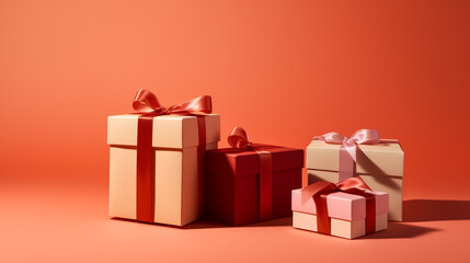 gift boxes tied with ribbons on a Coral background
