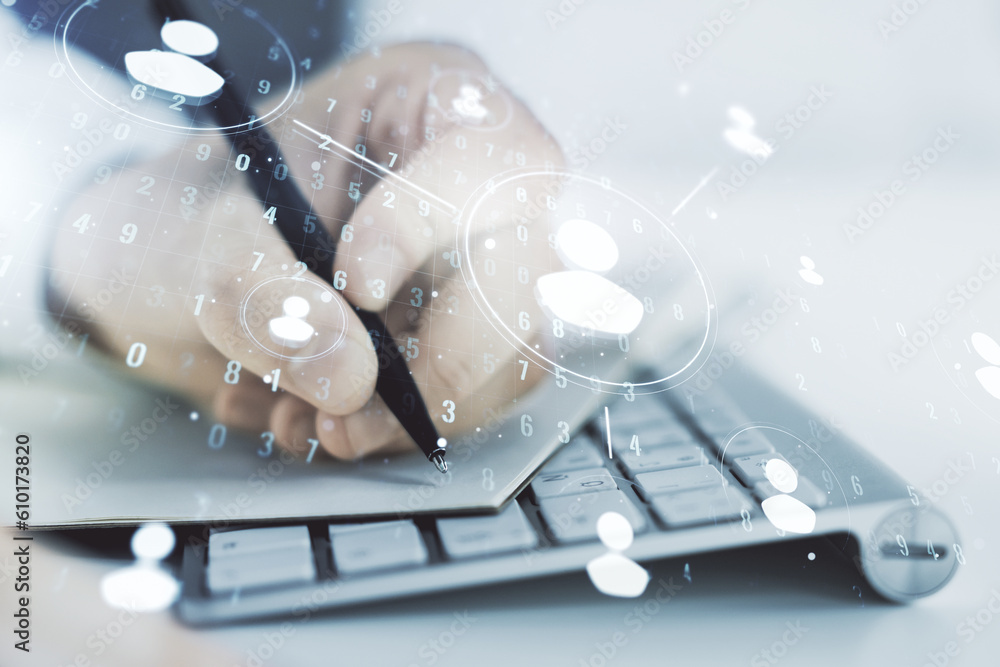Aufkleber double exposure of social network icons concept with hand writing in notebook on background with lap