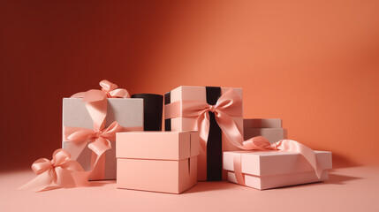 gift boxes tied with ribbons on a Coral background, copy space