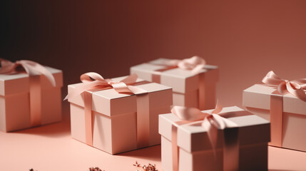 gift boxes tied with ribbons on a LightSalmon background, copy space