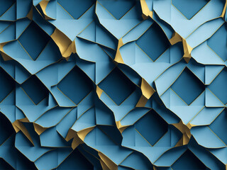 Fototapeta premium Abstract 3d geometrical pattern background wallpaper. Light blue 3d geometrical shape background illustration with golden elements, geometric pattern 3d abstract technology wallpaper. Generative Ai. 