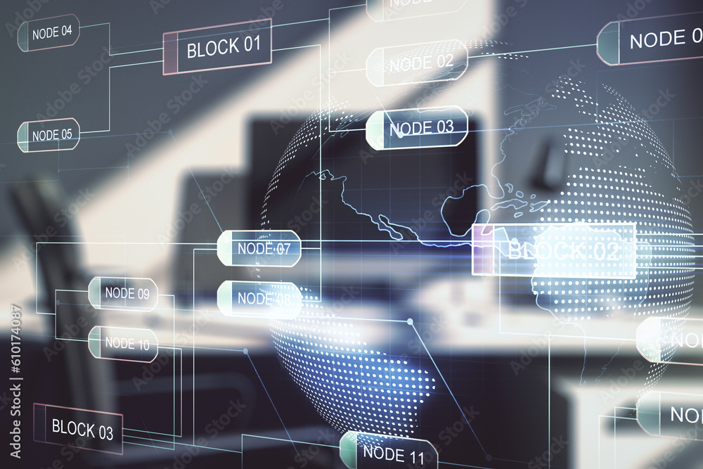 Leinwandbilder Double exposure of abstract creative programming illustration with world map and modern desk with computer on background, big data and blockchain concept