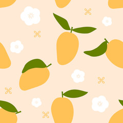 Seamless pattern with mango, green leaves and cute flower vector illustration.