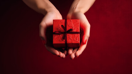 Female hands holding Christmas gift box on red background.