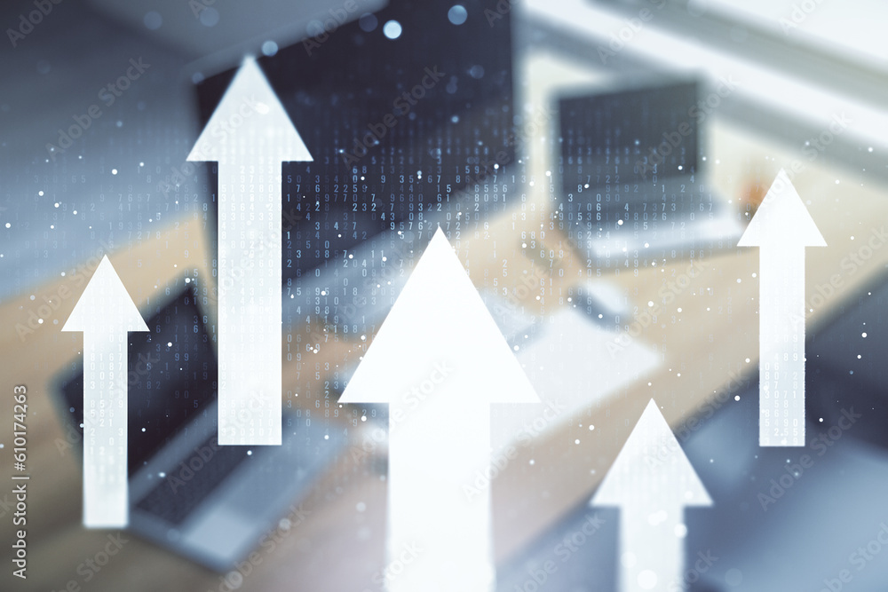 Poster creative abstract upward arrows sketch and modern desk with computer on background, target and goal 