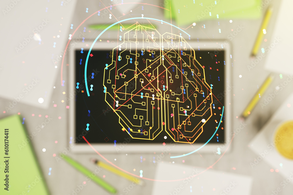 Fototapete Double exposure of creative artificial Intelligence symbol and digital tablet on background, top view. Neural networks and machine learning concept