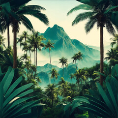 A captivating digital artwork of a mysterious jungle, featuring palm trees and a hilltop adorned with majestic mountains. Generative Ai.