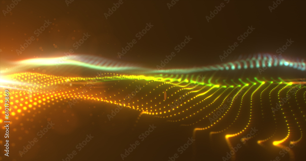 Poster abstract multicolored glowing waves from particles and dots energy magical futuristic hi-tech, abstr