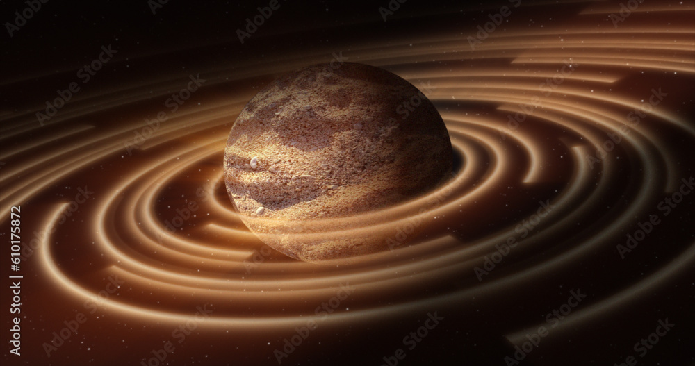 Poster abstract yellow brown space planet with a round asteroid belt ring futuristic hi-tech on the backgro