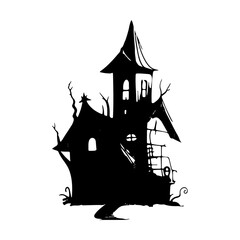 haunted tree house silhouette horror scary creepy hand drawn illustration line art
