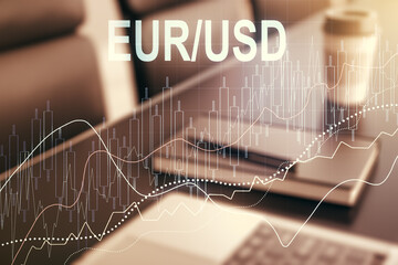 Creative concept of EURO USD financial chart illustration on modern laptop background. Trading and currency concept. Multiexposure