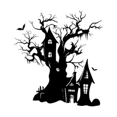 haunted tree house silhouette horror scary creepy hand drawn illustration line art

