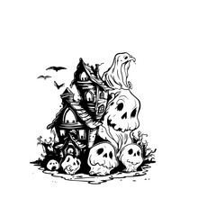 haunted tree house silhouette horror scary creepy hand drawn illustration line art

