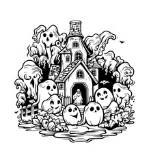 haunted tree house silhouette horror scary creepy hand drawn illustration line art

