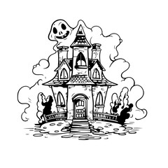 haunted tree house silhouette horror scary creepy hand drawn illustration line art

