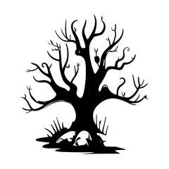 Fototapeta premium haunted tree house silhouette horror scary creepy hand drawn illustration line art