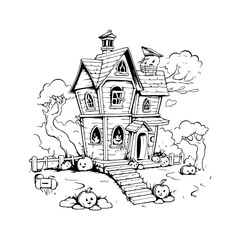 haunted tree house silhouette horror scary creepy hand drawn illustration line art

