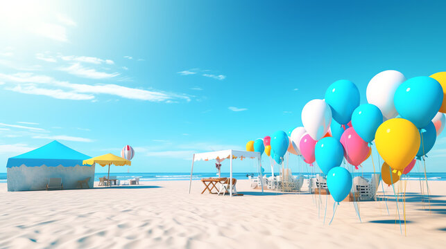 beautiful tropical beach with many balloon decoration ai generative