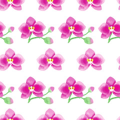 Fototapeta na wymiar Orchid flower. Watercolor illustration. Blossoming flower with buds.Seamless pattern 