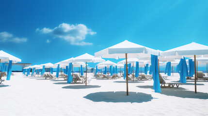 beach resort with lounge white umbrella and blue sky panorama ai generative