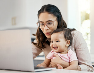 Fototapeta na wymiar Remote work, happy woman and baby with laptop, glasses and freelance worker with online project in apartment. Working from home office, mother and girl child with internet search and virtual job.