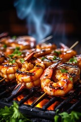 Fresh hot grilled shrimp on the grill. Generative AI