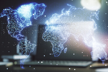 Abstract creative world map on modern laptop background, international trading concept. Multiexposure