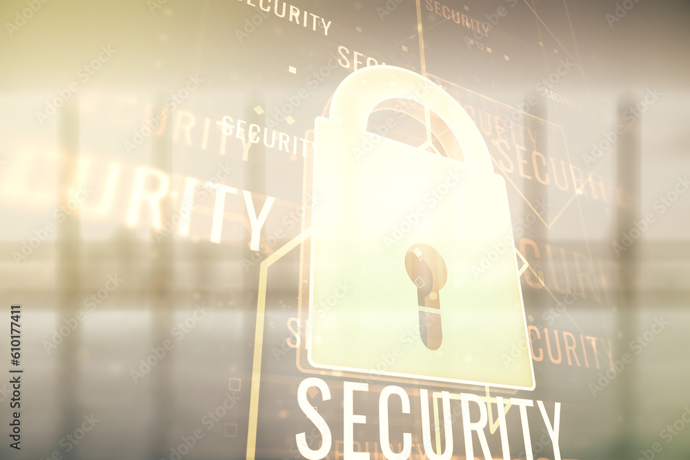 Poster double exposure of virtual creative lock hologram with chip on empty modern office background. infor
