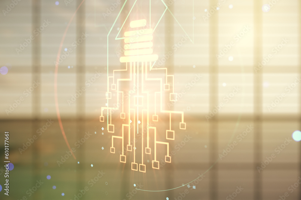 Aufkleber Virtual creative idea concept with light bulb and microcircuit illustration on empty corporate office background. Neural networks and machine learning concept. Multiexposure