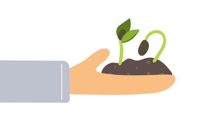 Hand with green sprout plant in soil with leaves