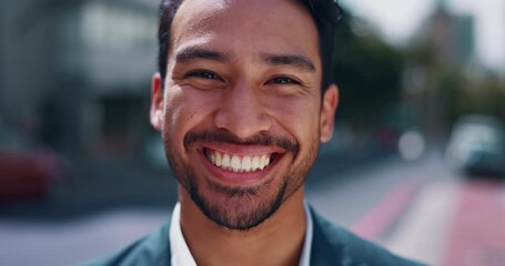Face, laugh and business man in a city for travel, happy and confident on blurred background. Portrait, smile and young laughing Japanese male entrepreneur excited while standing in New York street - Powered by Adobe