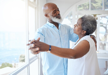 Black couple, dancing and together in senior home with love, care and commitment. Happy african man and woman relax and dance to enjoy marriage, retirement and happiness while holding hands - obrazy, fototapety, plakaty