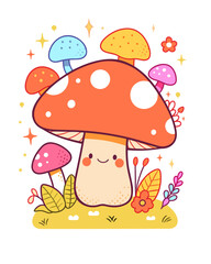 A cheerful mushroom with multicolored spots and a welcoming grin