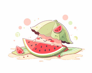 A cheerful watermelon slice enjoying a day at the beach