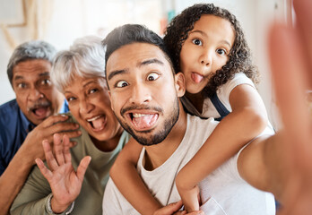 Happy family, portrait and silly face selfie for social media, vlog or funny online post at home. Grandparents, father and child with goofy expression for photo, memory or profile picture together