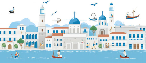 Greece Famous Landmarks Skyline Silhouette Style, Colorful, Cityscape, Travel and Tourist Attraction - Generative AI