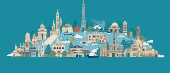Italy Coast Famous Landmarks Skyline Silhouette Style, Colorful, Cityscape, Travel and Tourist Attraction - Generative AI